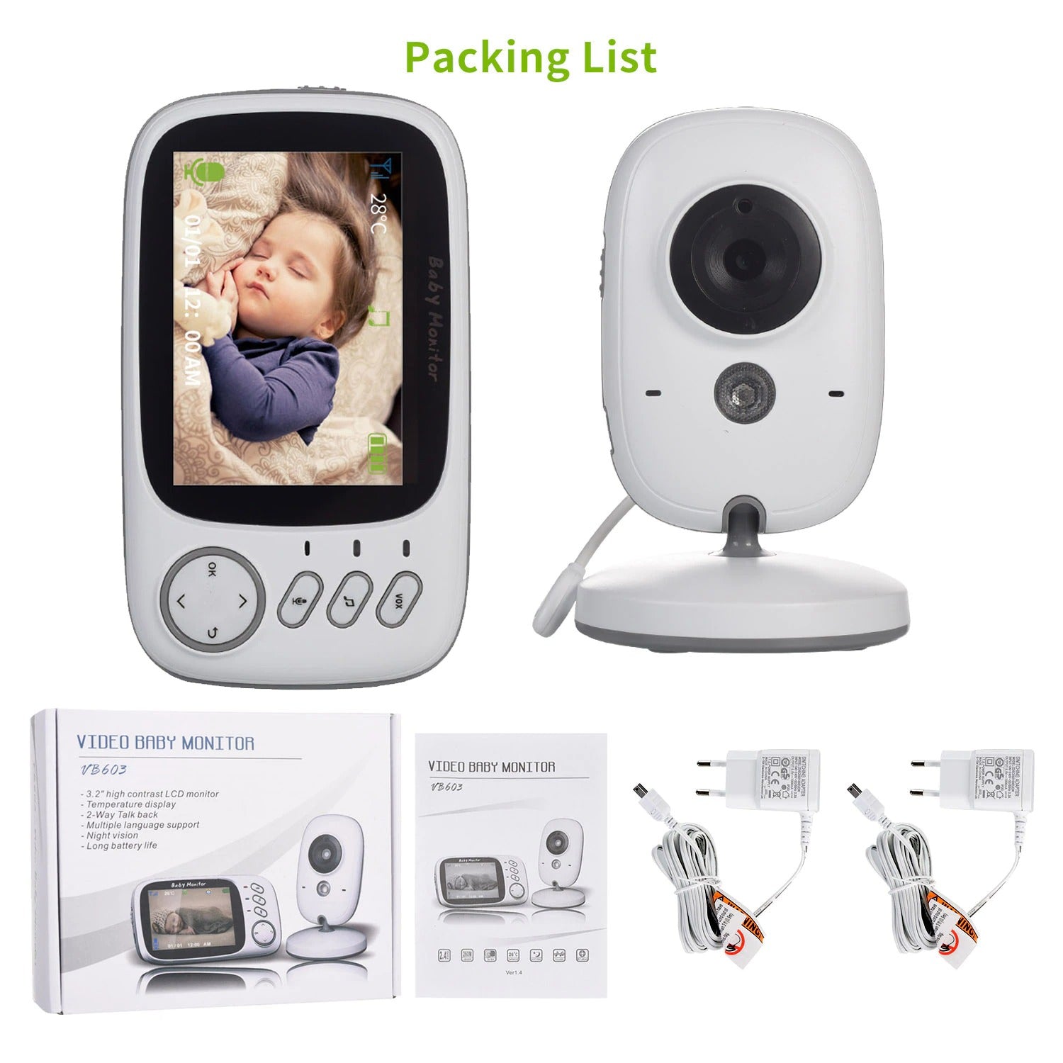 Babyphone vidéo sans fil VB603, écran couleur LCD 3.2 , Vision nocturne  5m, babyphone vidéo, Surveillance bébé, babyphone, berceuses, caméra de  sécurité - AliExpress